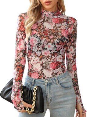 Floral Mesh Top XS NWT Sheer Mock Neck Long Sleeve Pink Black